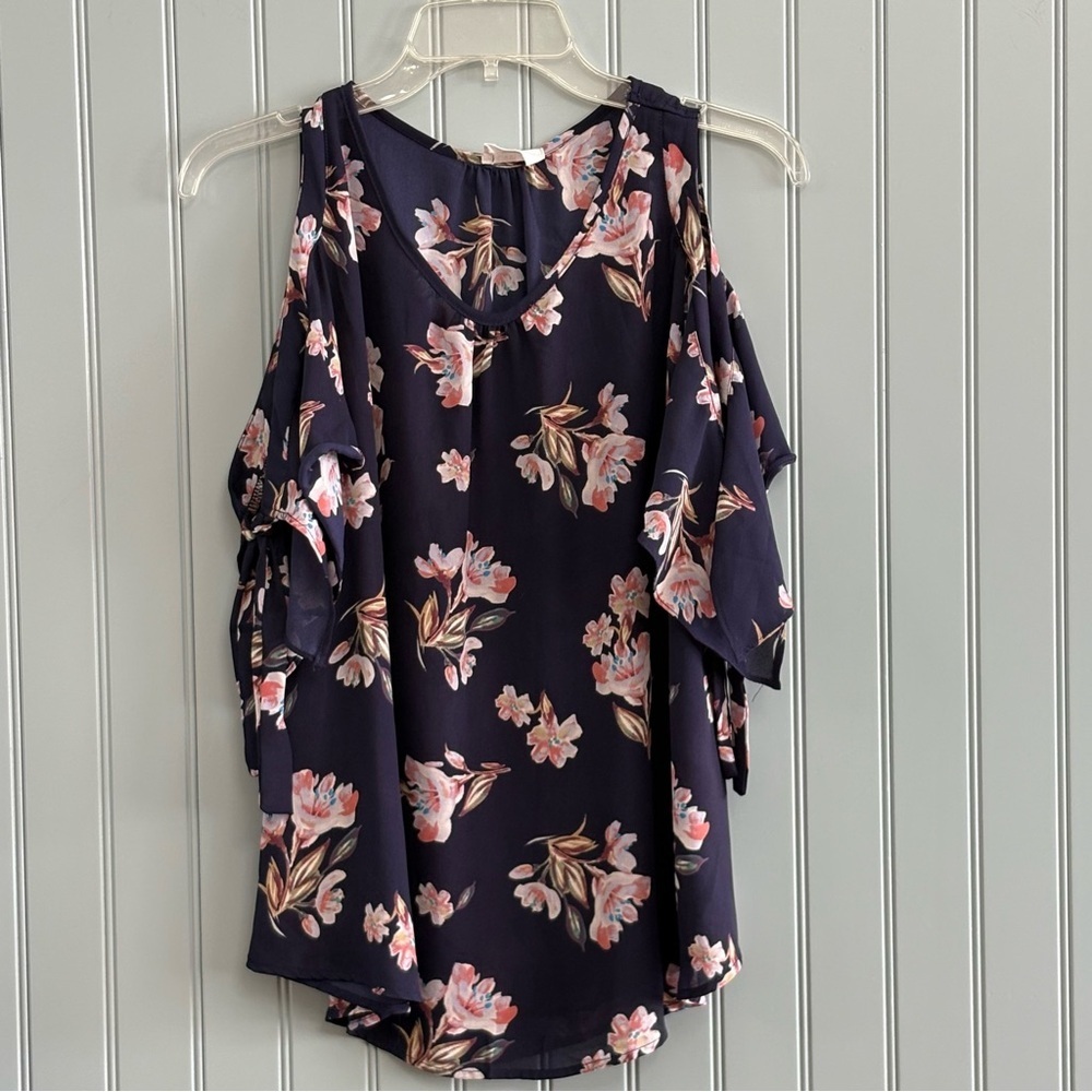 Sienna Sky Blue Pink Floral Cold Shoulder Blouse Size Large
